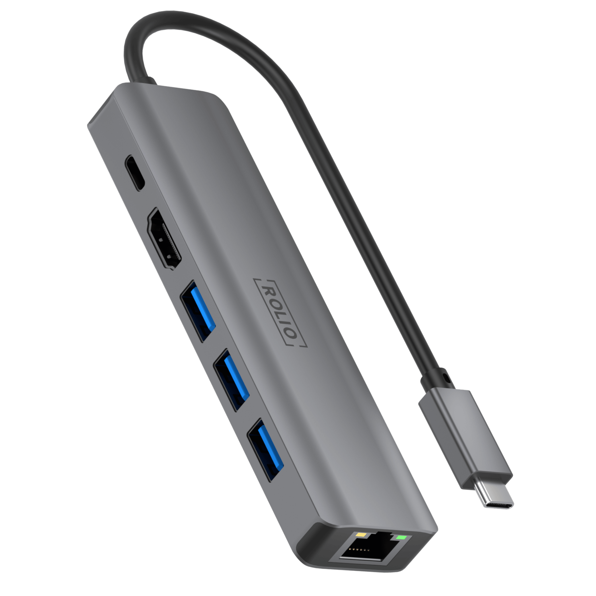 Rolio USB C Hub - 6 in 1 - 1Gbps Ethernet RJ45 - HDMI - USB-C Charging - 3x USB 3.0