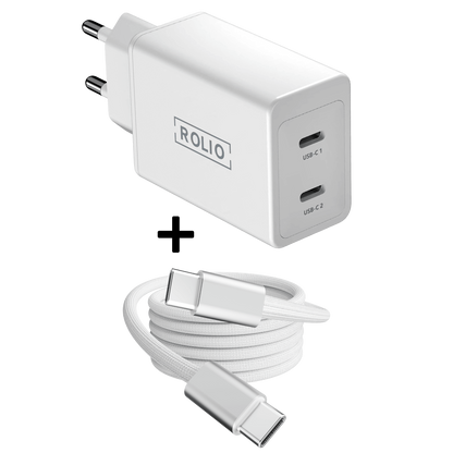 Rolio Oplader 45W - 2x USB C - Inclusief USB-C kabel 2 meter - Snellader - Rolio